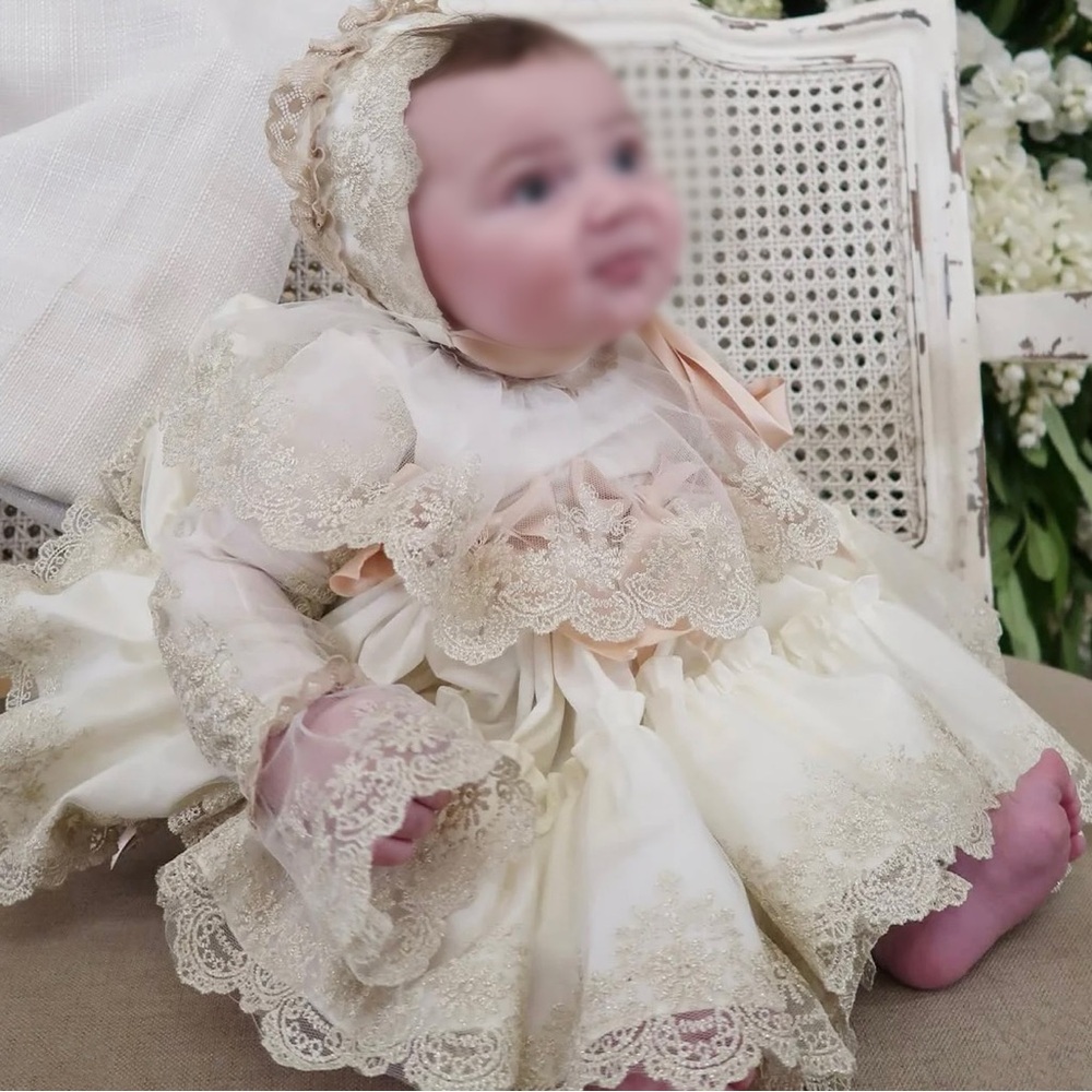 Charming Cream Lace Baby Dress with Bonnet worn once